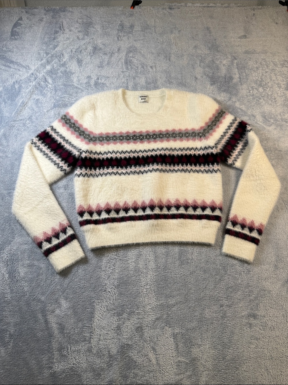 Sunday Best Cream Fair Isle Crewneck Sweater with Pink & Black Accents #3236